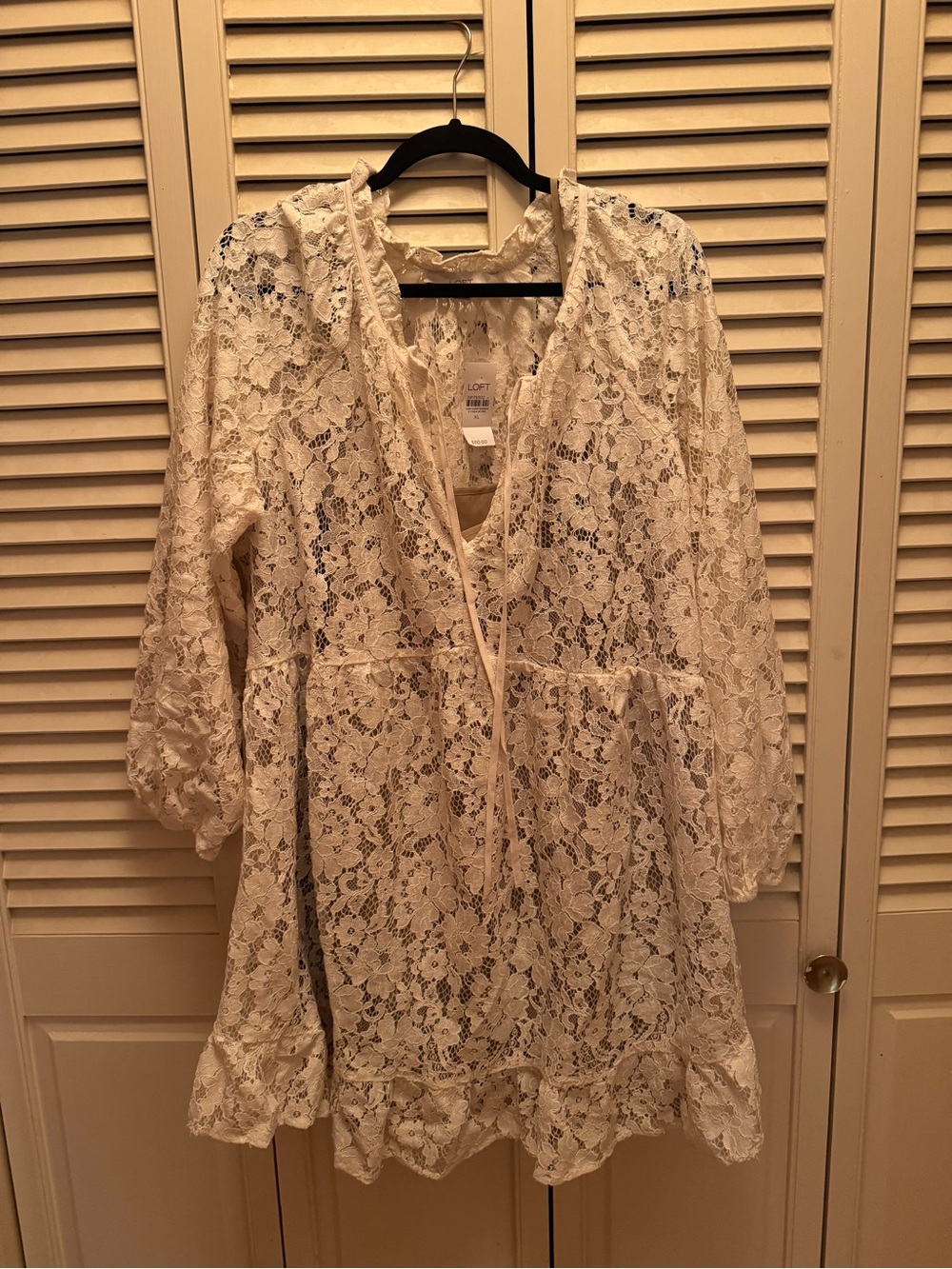 LOFT Cream Lace Tunic with V-Neck Tie